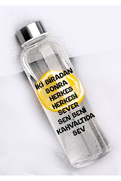 Ayzi Tasarım Cam Su Şişesi Suluk Matara 1 Litre Kılıf Hediyeli Iki Biradan So...