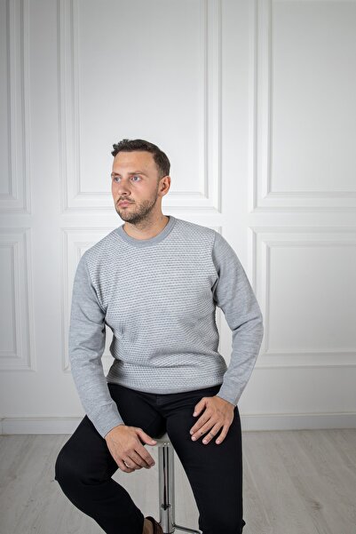 Sarar Interview O Neck Patterned Gray and White Knitwear Sweater