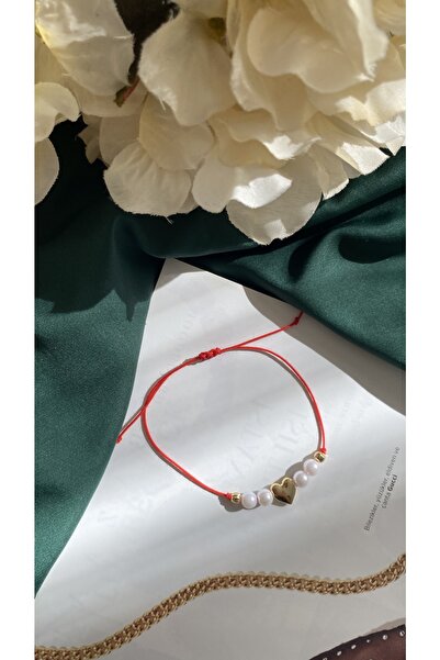 KARACA DESİGN Red Macrame Bracelet with Heart and Pearls