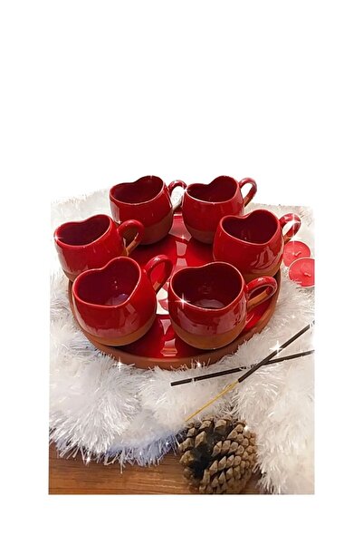 yefe El Yapımı 6 Kişilik Kırmızı Kalp Kahve Fincan Takımı & Sunum Tepsisi & Ç...