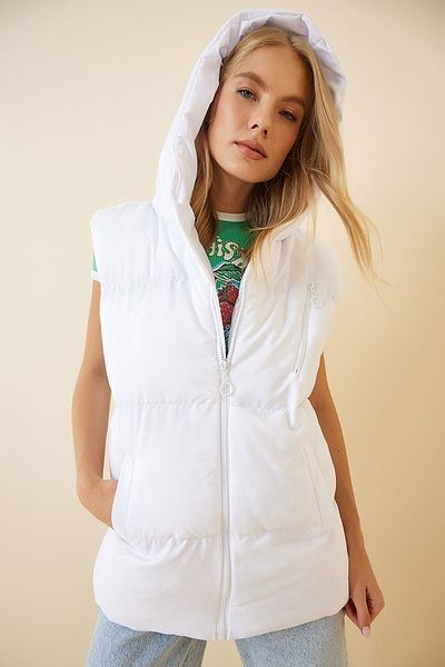 GALAVİP Women's White Pocket Hooded Sleeveless Puffer Vest