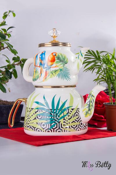 Miss Betty Vintage Papağan Desenli Emaye Çaydanlık