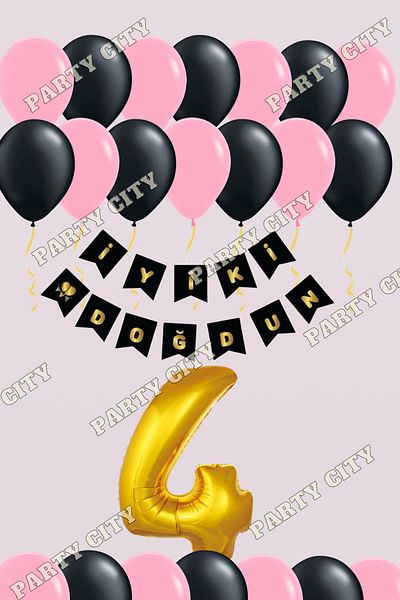Party City Black Pink Concept 4 Year Old Birthday Party Set with Gold Numbers