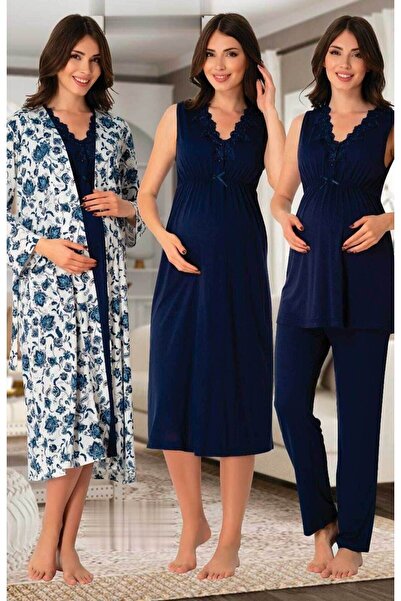 by İGP Kadın Lacivert Hamile Lohusa Sabahlıklı Gecelik Pijama Takımı 4 Lü Set
