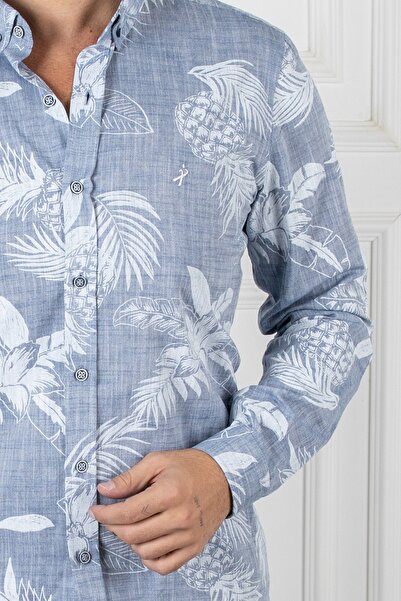 Sarar Інтерв'ю Tropik Desen Slim Fit Indigo Mavi Gömlek