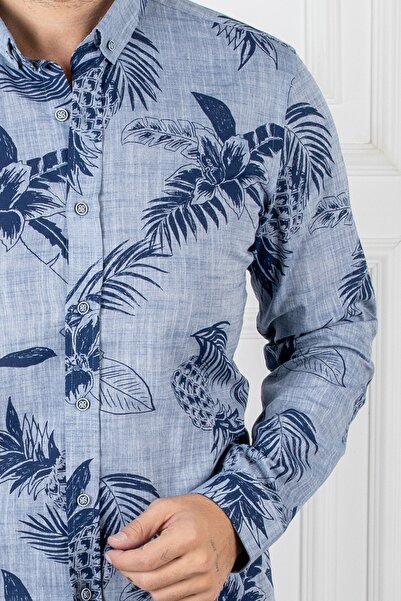 Sarar Інтерв'ю Tropik Desen Slim Fit Lacivert Gömlek