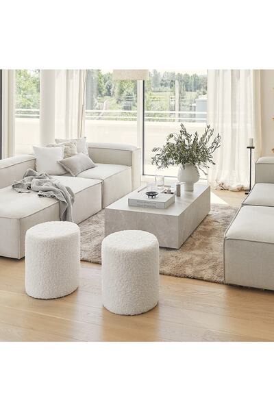 S Home Design Concept Daisy Silindir Puf, Teddy, Beyaz