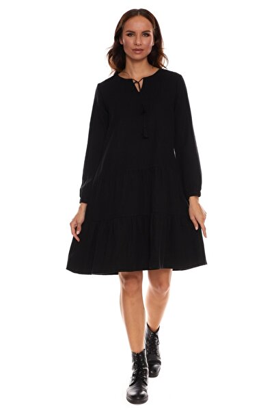 Newbutix Uzun Kol Pazen Siyah Püsküllü Kısa Elbise