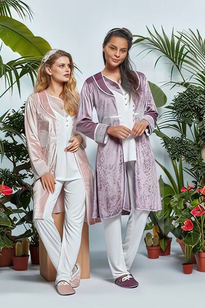 Pijama Sabahlık Ve Kimona Kadife 3 Lü Set 314 Yeni Sezon