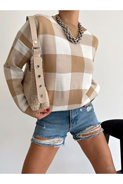 Secret Passion Lingerie Pulover elegant, culoare maro, model în carouri, cu g...