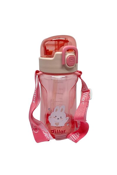DILLER 550ml Animal Pattern Tritan Water Bottle with Straw and Strap (Pink)