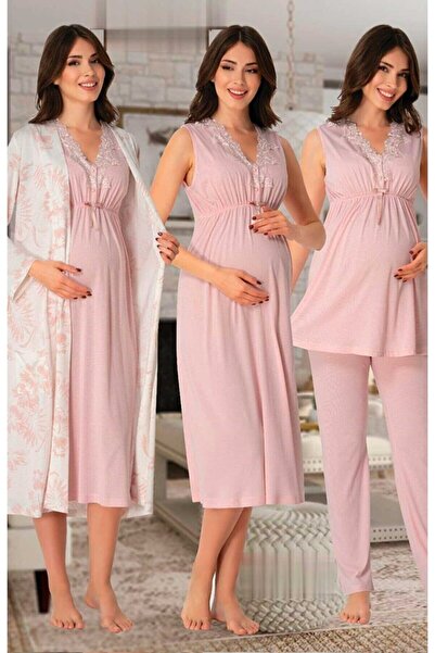 by İGP Kadın Pembe Hamile Lohusa Sabahlıklı Gecelik Pijama Takımı 4 Lü Set