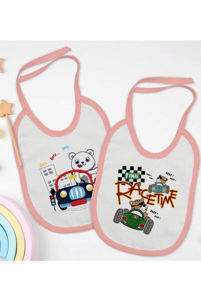 Bk Gift Set of 2 Pink Baby Bibs with Cute Driver Design-1