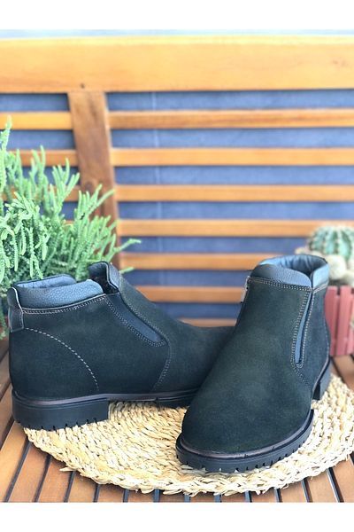 Skoonpa Genuine Leather Fur Lined Zipper Split Nubuck Khaki Men's Boots