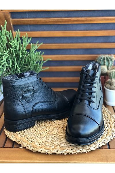 Skoonpa Black Men's Boots - Genuine Leather, Fur Inside and Zipper