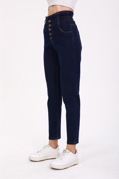 SHEVEGA Navy Blue High Waist Lycra Belt Gathered Button Detailed Mom Jean Jeans