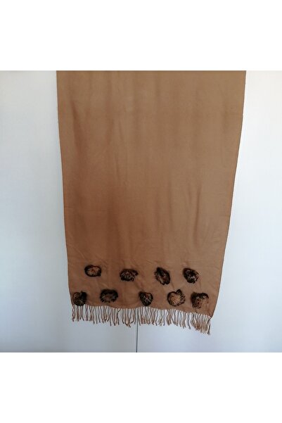 Royal Rossi Kadın Camel Otantik Saf Kaşmir Ponponlu Şal