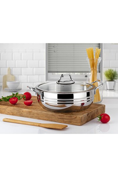 Lines Oscar Metal Handle Glass Cover Flat Steel Pot - 28 cm