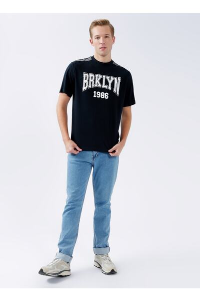 LİMON COMPANY Lemon Crew Neck Printed Navy Blue Men's T-Shirt Brklyn