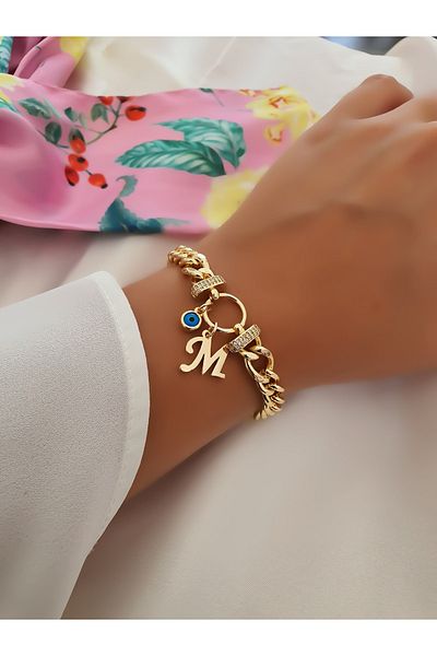 Trendy Butik سوار من حجر الزركون على شكل حرف M وسلسلة متدلية على شكل عين الشر