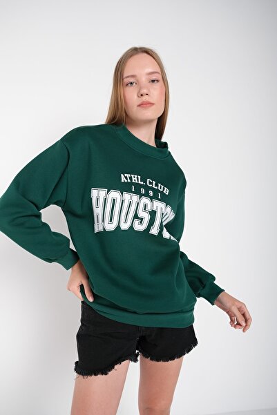MODAGEN Dámská tmavě zelená mikina Houston s potiskem Crew Neck Oversize