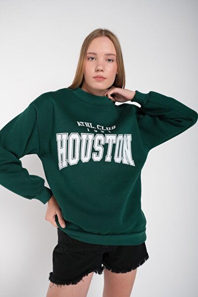 MODAGEN Dámská tmavě zelená mikina Houston s potiskem Crew Neck Oversize