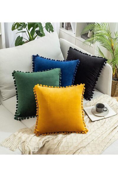 Bc Home Sonbahar Serisi 4'lü Ponponlu Kırlent Kılıfı 4 Adet 43 X 43 Cm , Yeşi...