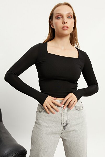 modavingo Ženska crna četvrtasti izrez dvoslojna prednja Skraćeni kroj badi