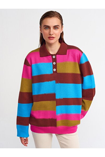 Dilvin 10259 Pola Yaka Çizgili Kazak-koyu Kahve