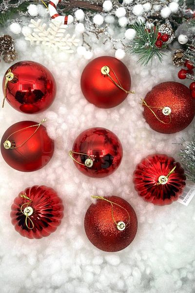 Huzur Party Store 8 Pack Red Colored Cici Ball 8 Cm Glitter Matte Shiny Embossed Christmas New Year Pine Tree Boxed Ornament