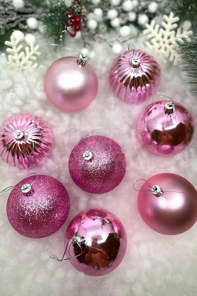 Huzur Party Store Σετ 8 ροζ χρώματος Cici Ball 8 εκ. Glittery Matte Shiny ανάγλυφο Χριστουγεννιάτικο Πρωτοχρονιάτικο Στολίδι σε κουτί από ξύλο πεύκου