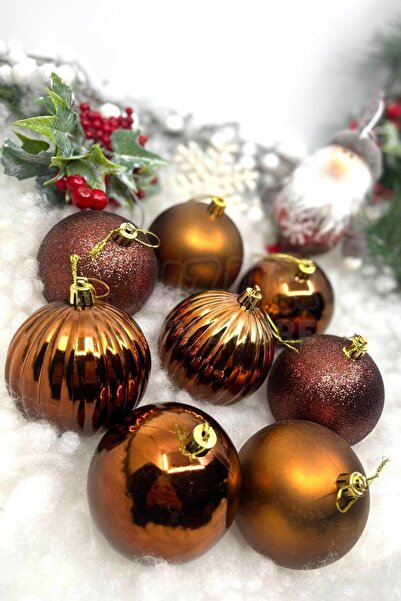 Huzur Party Store Σετ 8 Σοκολάτα Χρώμα Cici Ball 8 εκ. Ασημί Ματ Γυαλιστερό ανάγλυφο καφέ Χριστουγεννιάτικο στολίδι από πεύκο