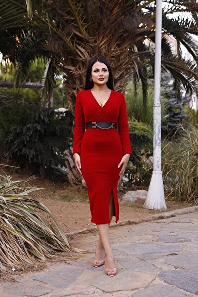 LİLA İSTANBUL Rochie din tricot cu decolteu dublu cu detaliu cu fante