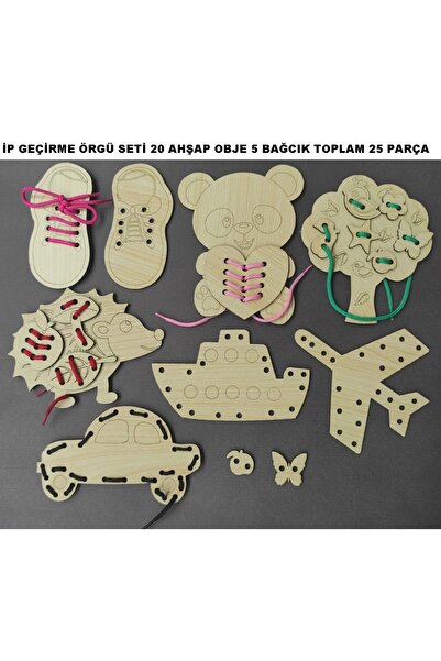 Trendy Toys Eğitici Ahşap Ip Geçirme Örgü Seti 25 Parça Montessori El Kası Ge...