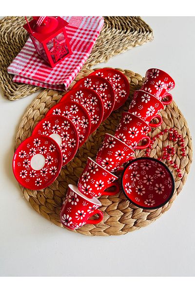 Den Tasarım Hediyelik Red Daisy Flower Coffee Cup Set and Bowl Mother's Day Special