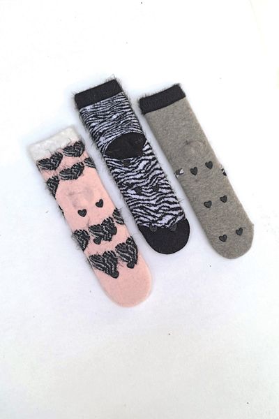 MEM SOCKS Комплект от 3 детски чорапи с ресни и зебров шарка, неплъзгащи се