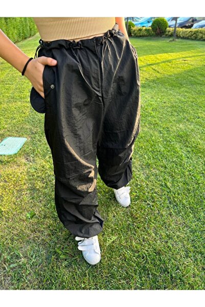 MAGZA Women's Black Parachute Jogger Loose Fit Waist Ankle Elastic Trousers