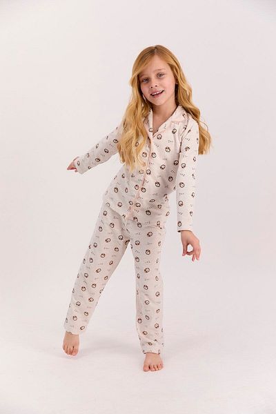Arnetta Cream Melange Girl's Shirt Pajama Set with Clock