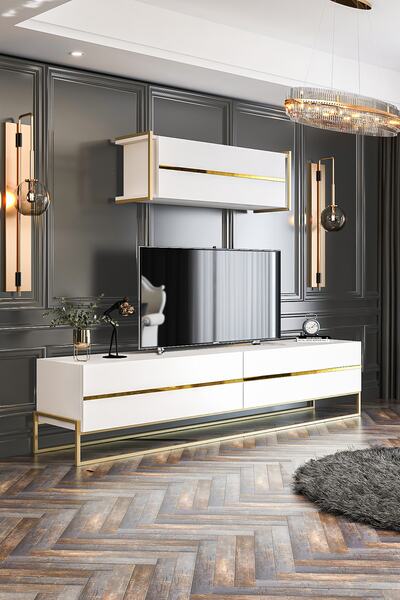 Givayo Mobilya Lyones Tv Ünitesi Beyaz Altın 180 Cm