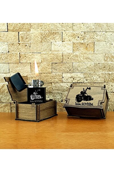 Genel Markalar Kişiye Özel Benzinli Metal Çakmak Ahşap Kutulu Motor Desenli