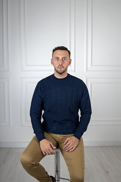 Sarar Interview Half Turtleneck Patterned Navy Blue Knitwear Sweater