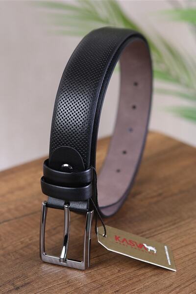 KASVA DERİ حزام كلاسيكي منقوش باللون الأسود مقاس 3.5 سم