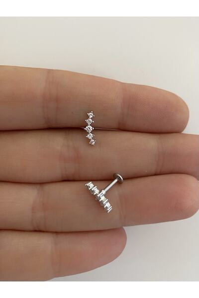 Arescollection Cerrahi Çelik Zirkon Taşlı Arkası Düz Labret Tragus Helix Lobe...