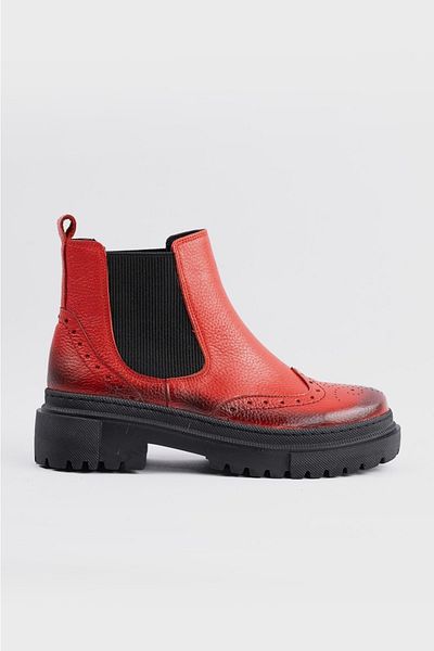 TUNAELLİ Women's Red Genuine Leather Chelsea Boots & Booties, Size 35-41