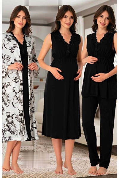 by İGP Kadın Siyah Hamile Lohusa Sabahlıklı Gecelik Pijama Takımı 4 Lü Set