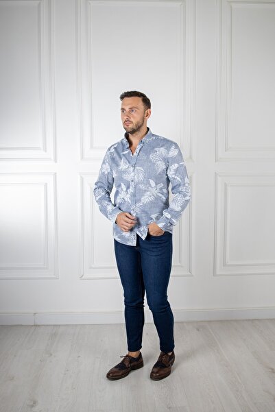 Sarar Інтерв'ю Tropik Desen Slim Fit Indigo Mavi Gömlek