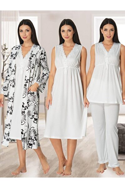 by İGP Kadın Ekru Hamile Lohusa Sabahlıklı Gecelik Pijama Takımı 4 Lü Set