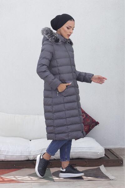 KMKkombin Dik Yakalı Kapişonlu Su Gecirmez Midi Mont Soft Kaban