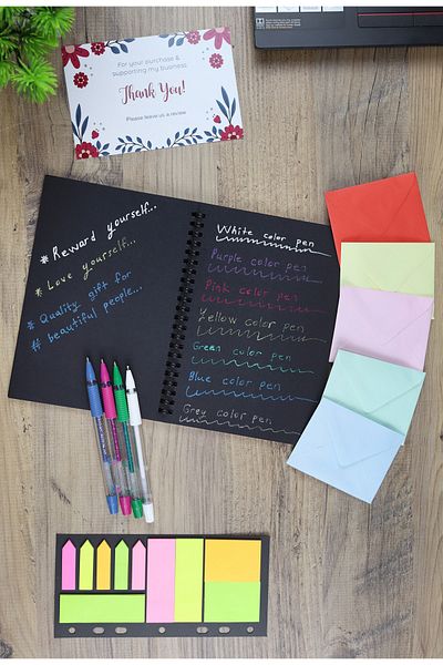shopifav Blocnotes negru 20 coli 40 pagini, 4 pixuri cu gel colorat cu sclipici, 5 plicuri, hârtie colorată pentru notițe