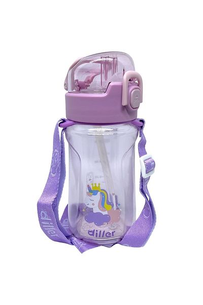 DILLER 550ml Animal Pattern Tritan Water Bottle with Straw and Strap (Purple)
